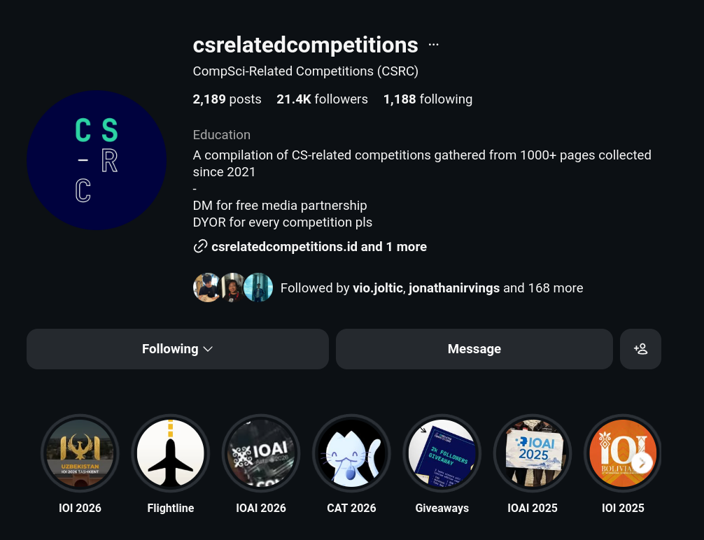 CS-related Competitions Instagram account, as of 19 Sep 2026